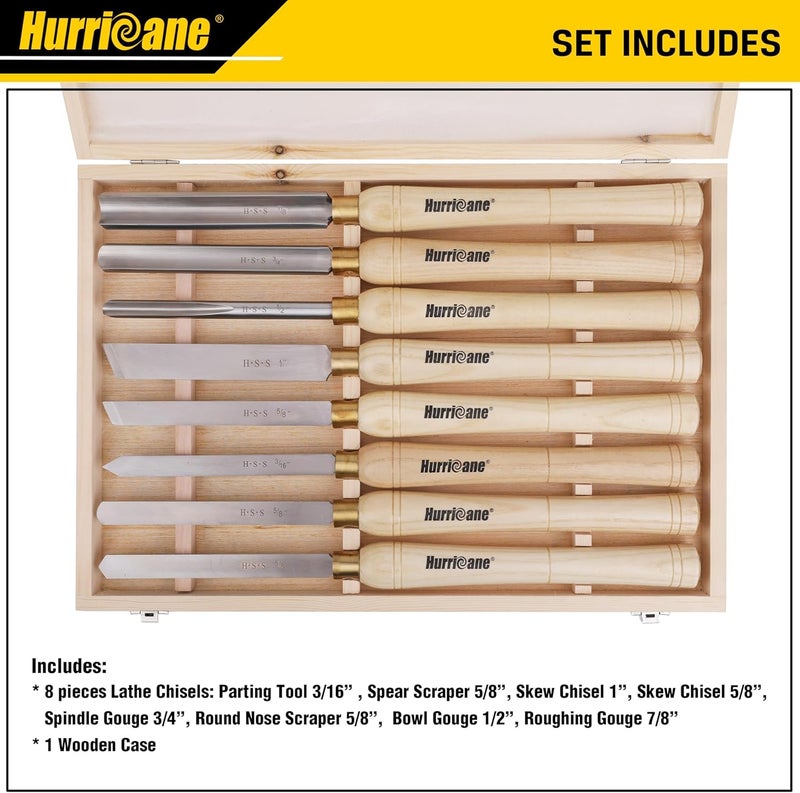 Hurricane 8pc Wood Lathe Chisel Set with Wooden Box, HSS Wood Turning Tools for Woodworking, for Precision Cutting and Smooth, Detailed Projects - Image 2